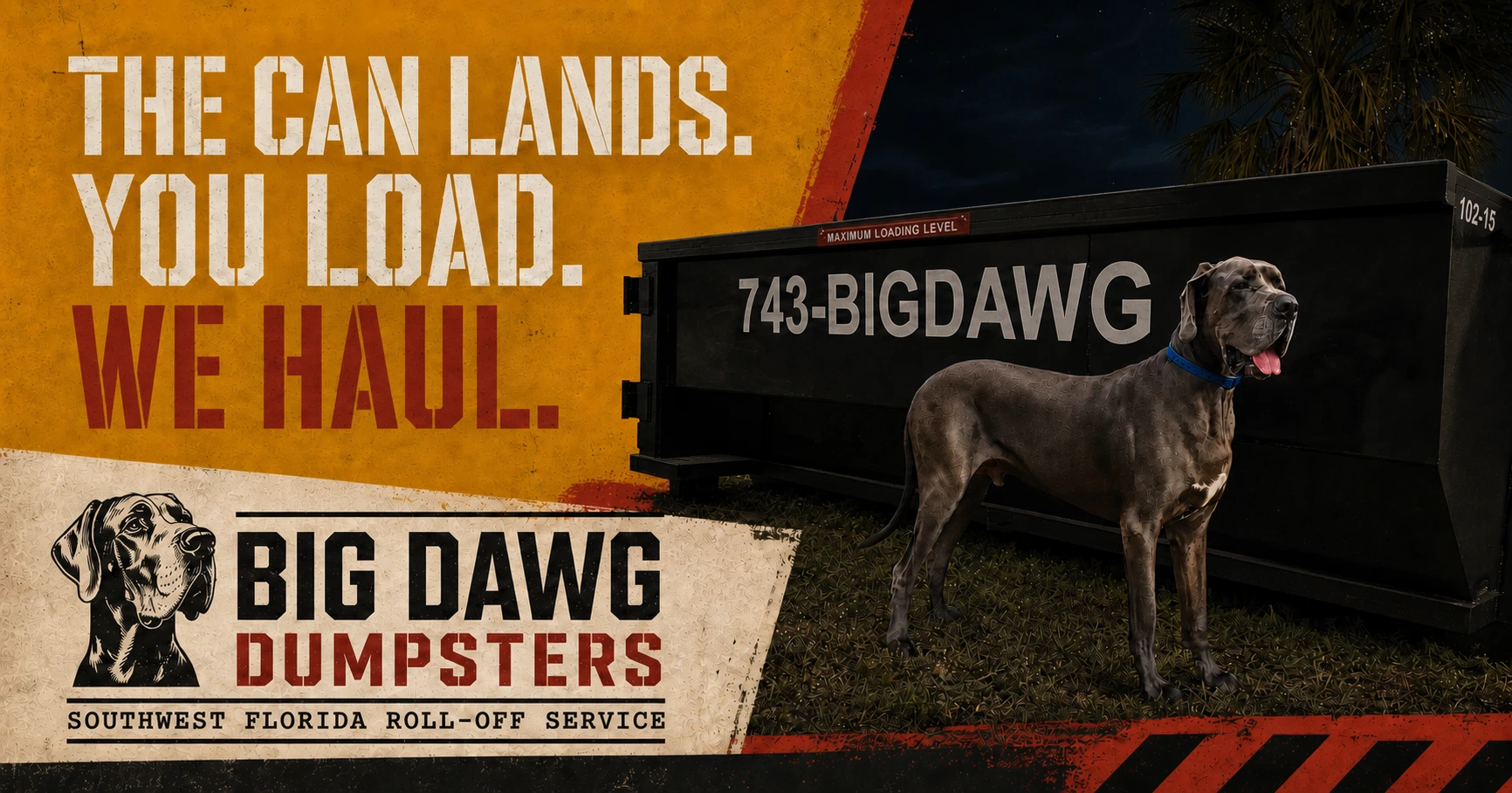 Mattis the Great Dane beside a Big Dawg roll-off dumpster in the amber and charcoal night palette.